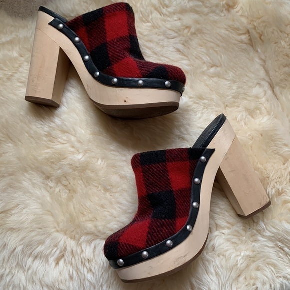 Woolrich Limited Edition Buffalo Check Plaid Flannel Wool Wooden Mules Clogs 7.5 - Picture 6 of 12